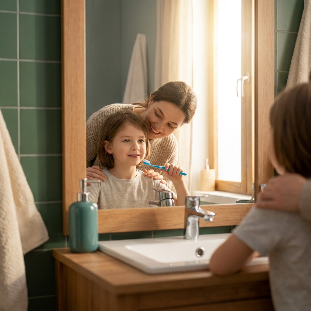 A parent and child sharing a calm morning toothbrushing routine, seen in the bathroom mirror