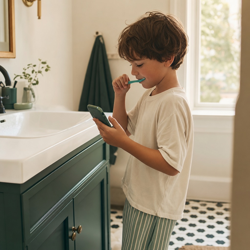 A child brushing their teeth at home while following along on a phone held in their hand